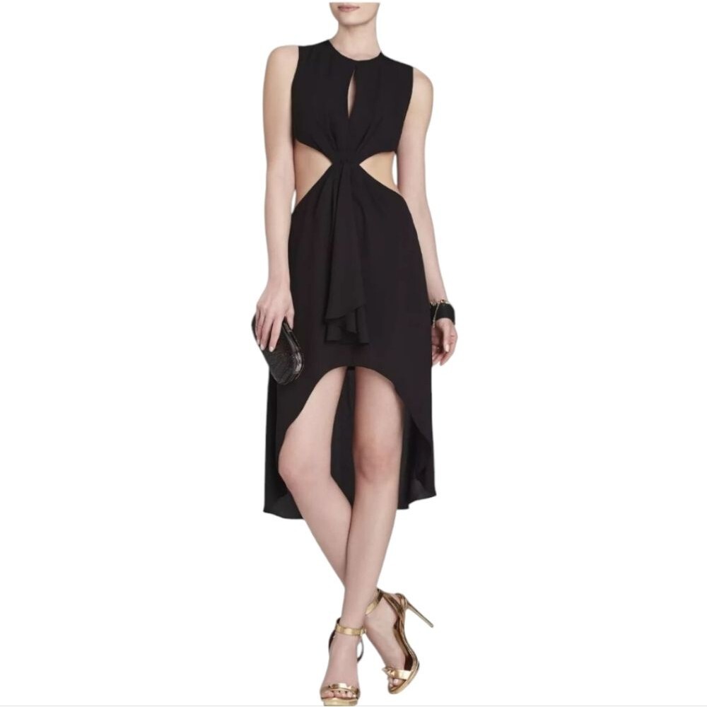 BCBG MAXAZRIA Sz 8 Black Victoria Dress Sleeveless Tied Cut Out Draped